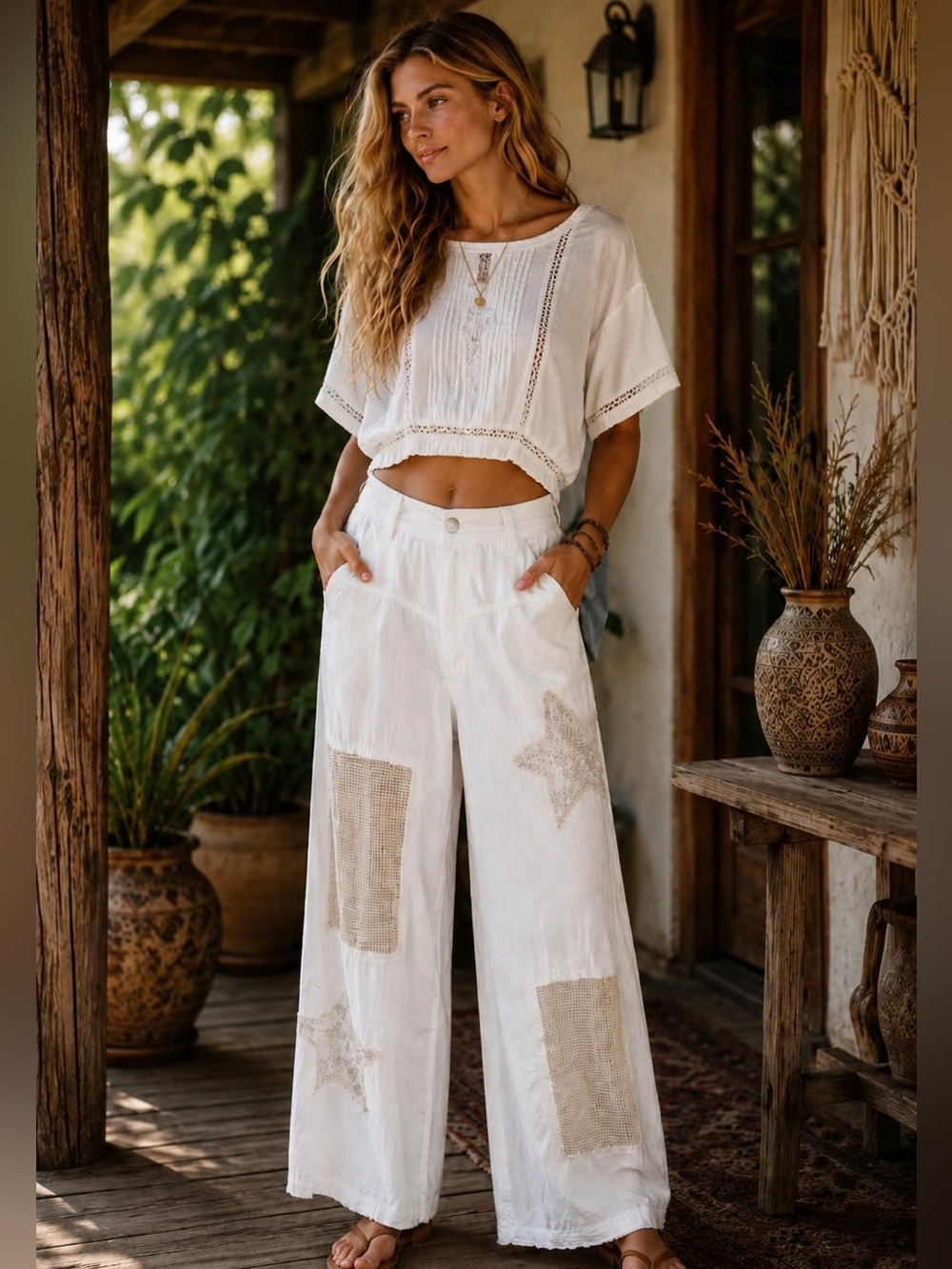 POL Large White Wide-Leg Patchwork Pants with Star and Mesh Insert Detail